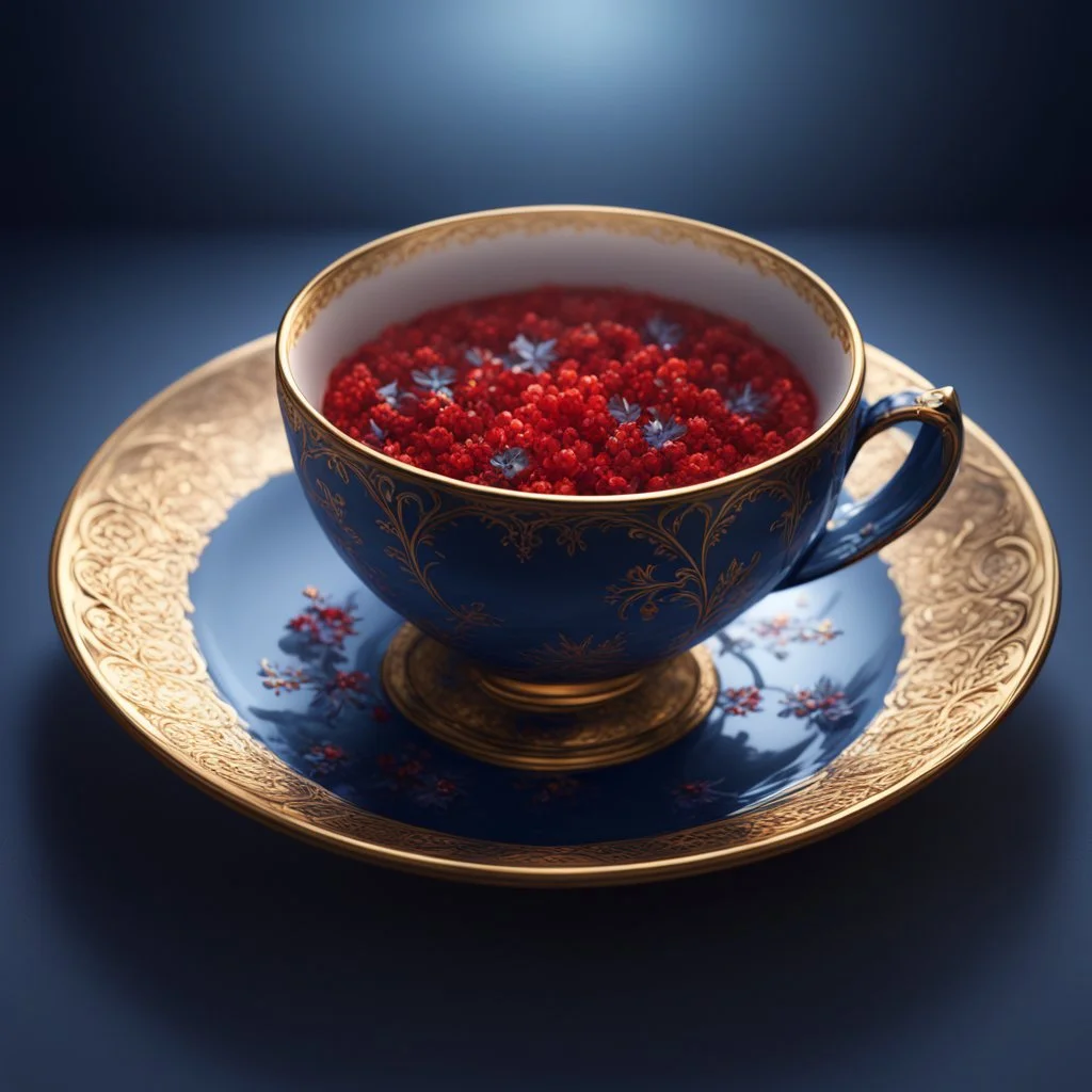 A midnight blue teacup with a gold rim and small red florets on a plate. Illustrative art, art interpretation, concept art, cgsociety contest winner, seasonal art, seasonal art HD, 4k, 8k, intricate, detailed, intricately detailed, luminous, translucent fantasy crystal, holographic data, soft body, shadow play, light, fog, atmospheric, cinematic, light film, hyper-detailed, hyper-realistic, masterpiece, atmospheric, high resolution, 8k, HDR, 500px, mysterious and artistic digital art, phototic,