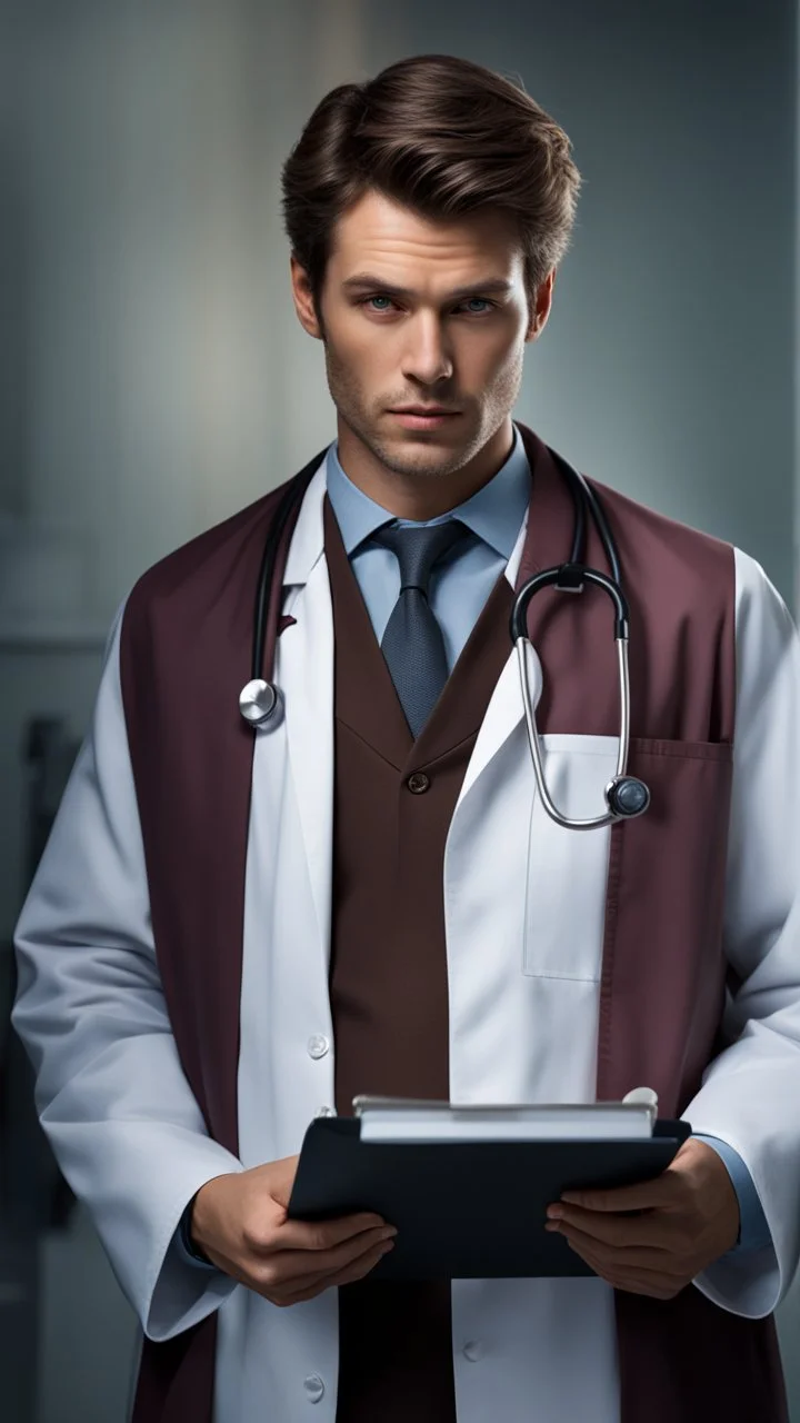 photorealistic hyperdetailed portait of a young doctor holding a clipboard and frowning