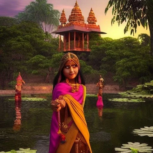 highly detailed indian lake with temple, indian woman in sari with children and lotus landscape with birds, jungle, sunset, illustration, cinematic lighting, 4k, 8k, octane render, digital concept art, trending on artstation, pinterest, extremely detailed, ambient lighting.