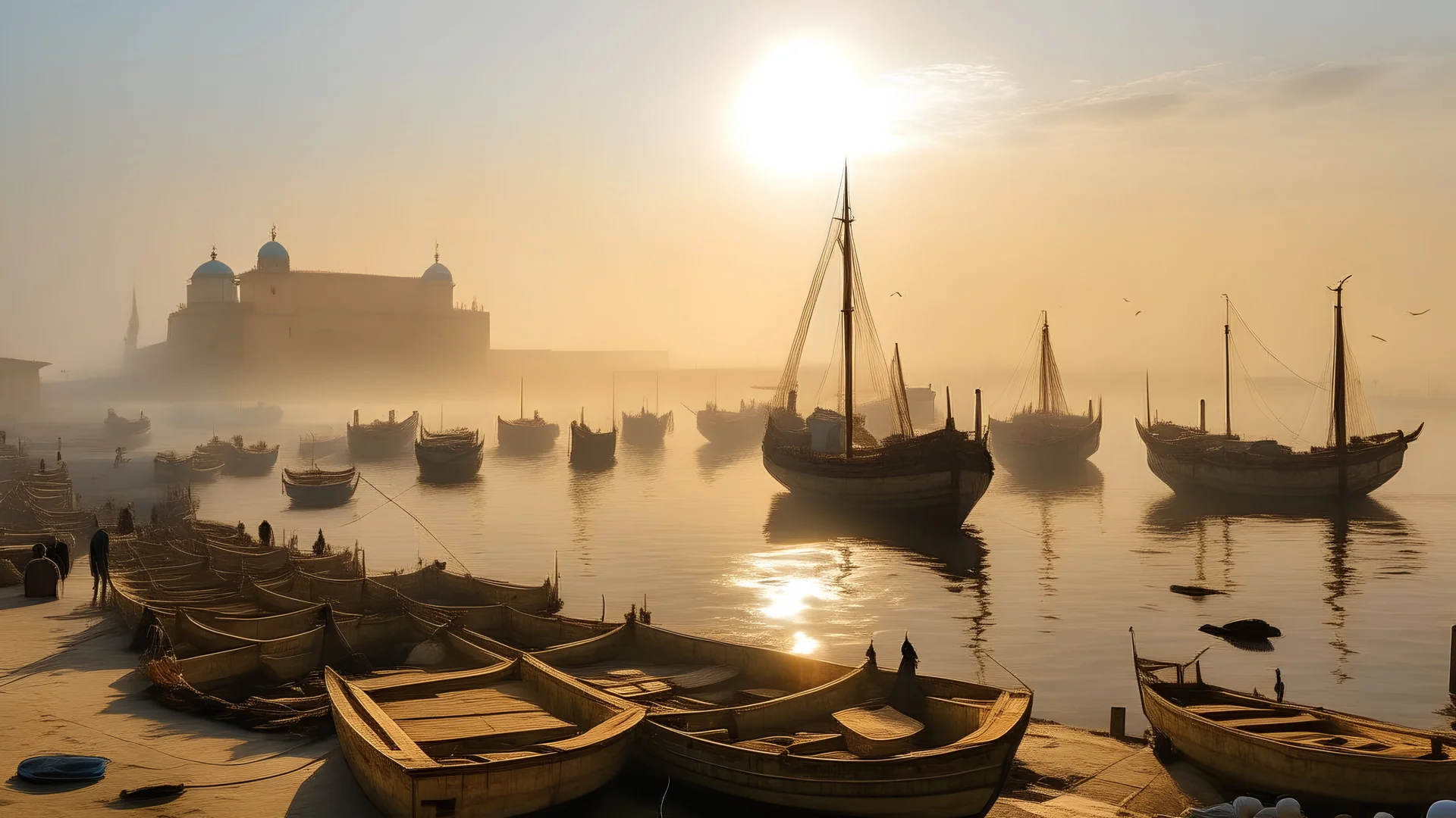 Qaitbay Citadel in Alexandria, fishermen’s boats anchored around it, fishermen putting fishing nets on their boats, fog covering the place, the moment the sun rises