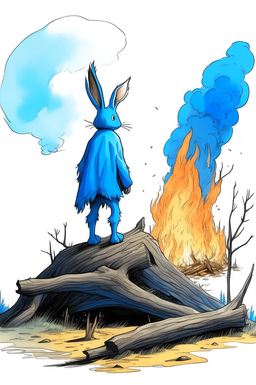 A human-sized rabbit wearing a blue scarf gazing at a giant burning stump from atop a hill, looking sad