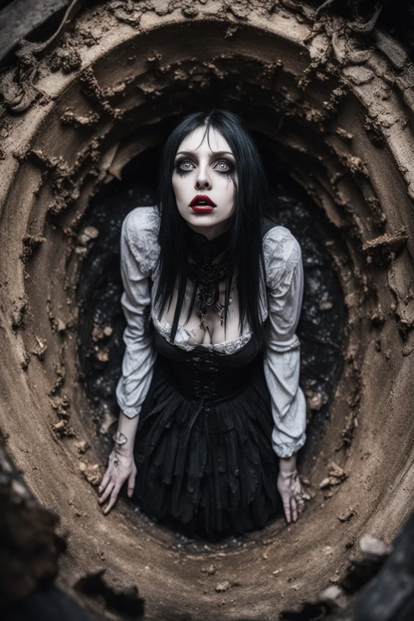 Closeup tall Girl goth with big eyes, fullbody, crushed inside fleshy stomach filled with digestive juices, ragged clothes, the perspective looking up from the bottom of an empty well , 8k,macro photography,