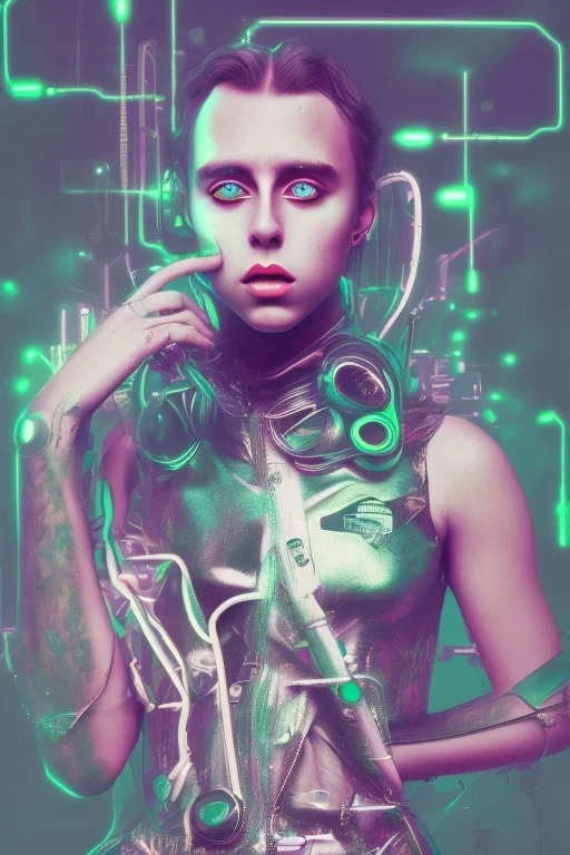 Singer Danish MØ in style cyberpunk, green tones, high lighting