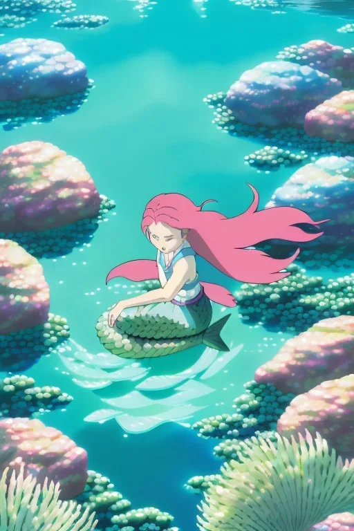 Underwater scene, a cute mermaid with pink hair and shimmering tail, rock, calm water, fish, beautiful colors, fine detail, high quality, seashell, octopus, dreamlike, mystical