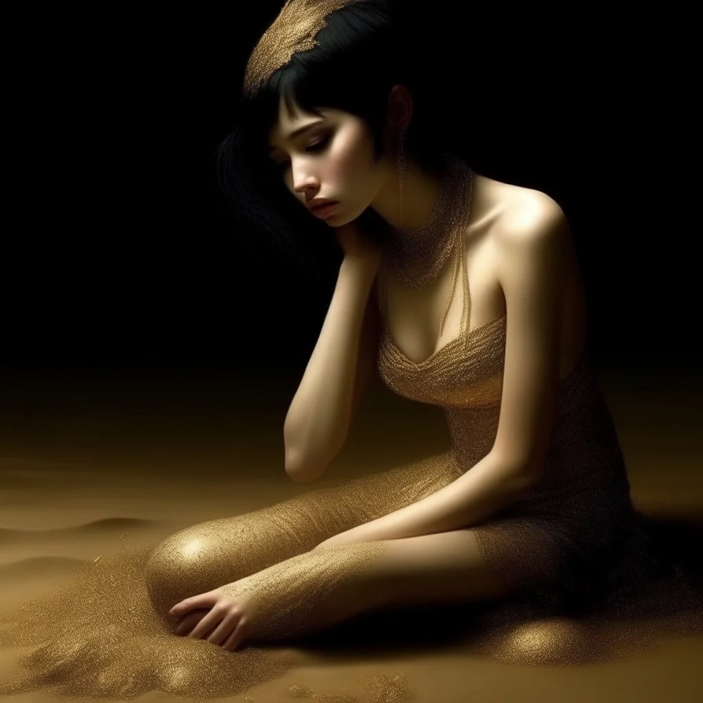 (Masterpiece1:5) By(Jan Saudek:Natalie Shau:1.5) (highest quality) (ultradetailed:1.5),bright Foreground with (gold sparkles floating Intricately through the painting:1.5),attractive and content black haired woman 😁, the beach with snoot lighting is the defining light source,gold dress melting into the sand 😅),dreamlike, (surreal:0.5) beach with soft sand, High contrasts, vibrant colors, flawless Composition,Soft Lighting Create Depth Of Field. accentuates the beauty of the