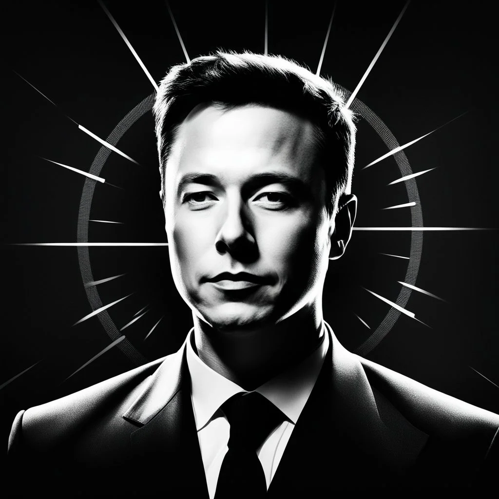 An artistic piece that presents the silhouette of Elon Musk's portrait on a dark background, with the iconic ((("X"))) logo of his social network over his face, resembling the forbidden symbol. High contrast black and white photography, using chiaroscuro lighting to create a striking visual effect. The text "IN BRAZIL" below the image.