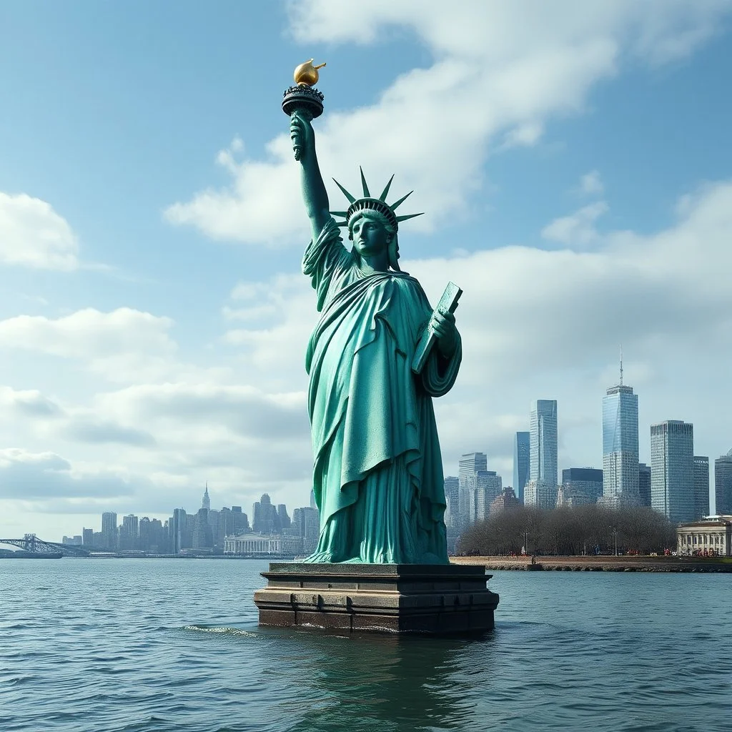 a half submerged statue of liberty, replace statur with a Dalek'