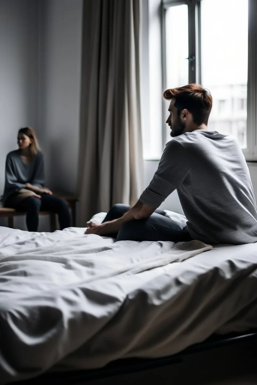 sitting on a bed with someone sleeping