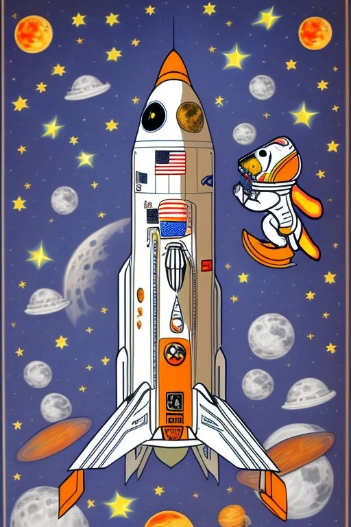 white and orange dog flies to the moon top of the a rocket