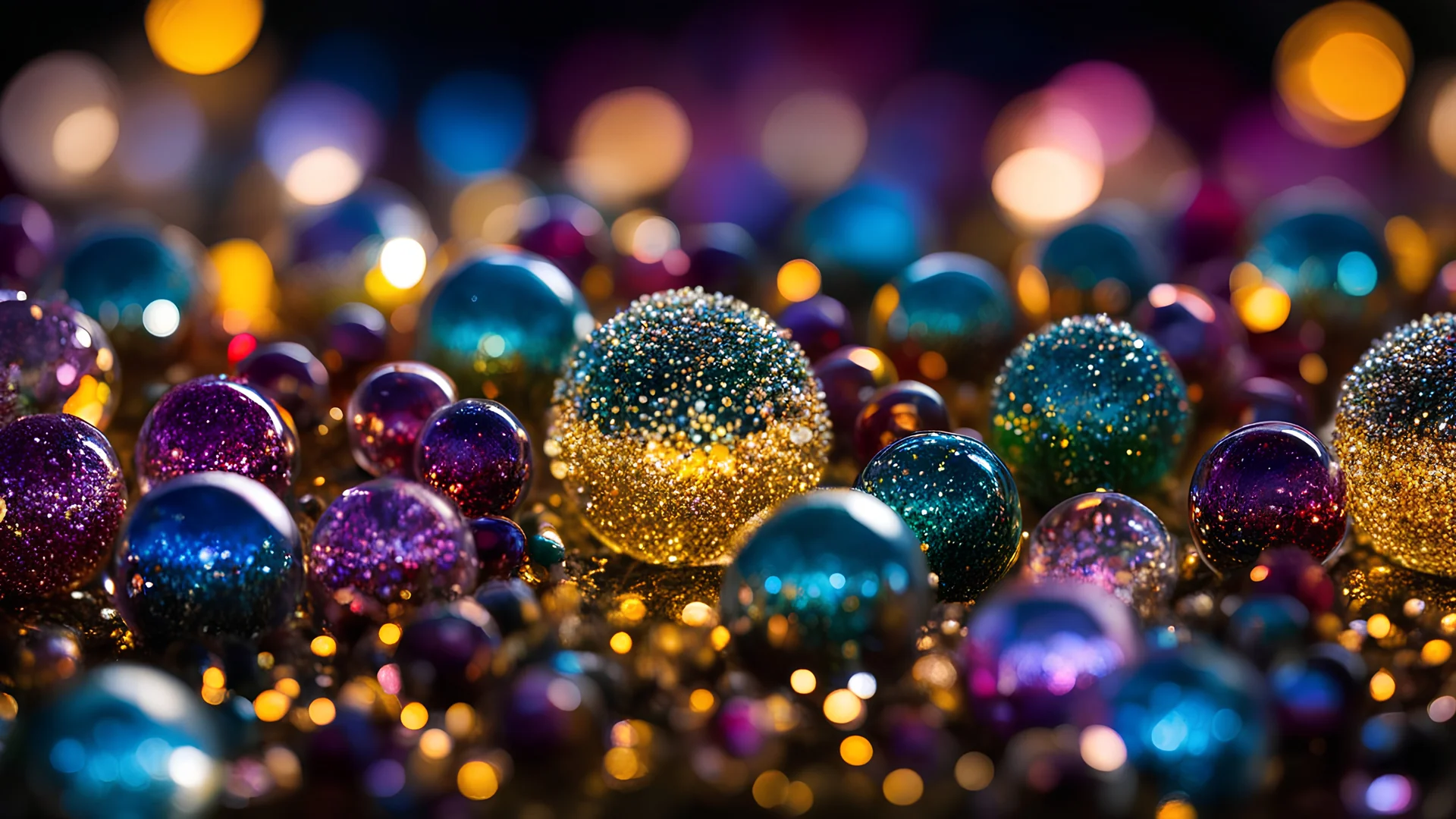 Microphotograph of glass spherules, volumetric light flowers, strong texture, extreme detail, rich moody colors, sparkles, Harry Potter, bokeh, odd