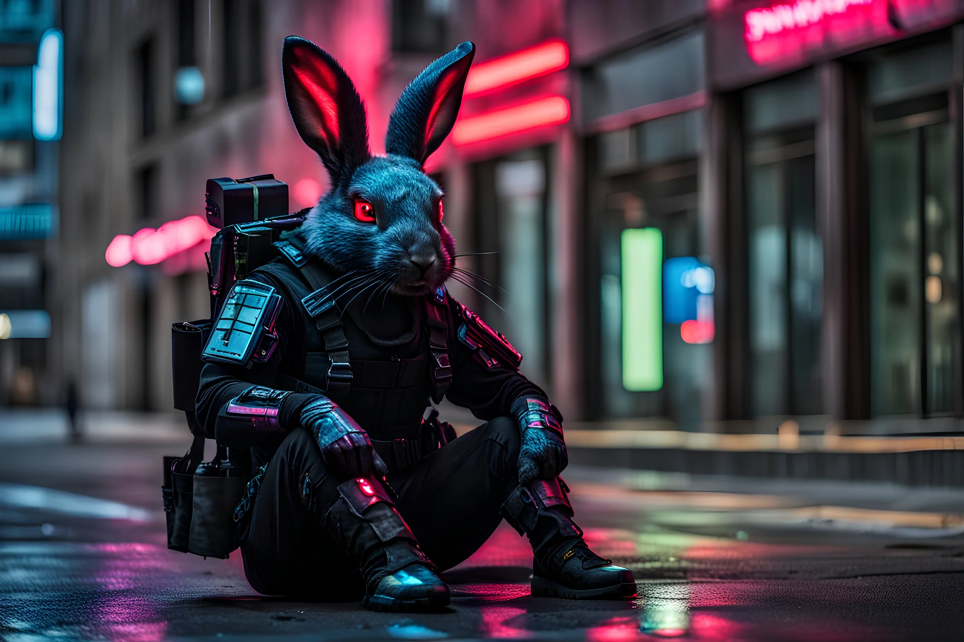 Cyberpunk black rabbit wearing body armor. He is on the neon-soaked sidewalks of the city. Photograph.