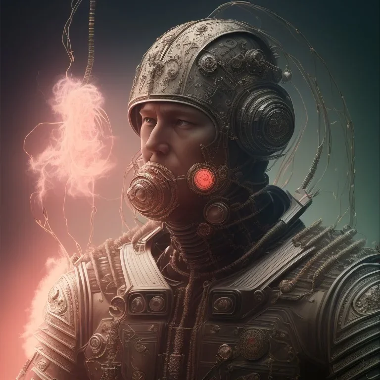 Symétrie!! portrait très coloré du seigneur de la guerre en armure d'os humain et câbles électroniques, avec une couronne en argent massif, de la fumée autour de lui, moderne, cyberpunk post apocalyptique, fin du monde, prophéties, marvel comics, arrière plan ténèbres, très réaliste, très détaillé, très intriqué, 8k, hdr, effet octane, tendance artstation, 2048, Terminator 2, science fiction, par steven spielberg, poster de science fiction, bumpee style