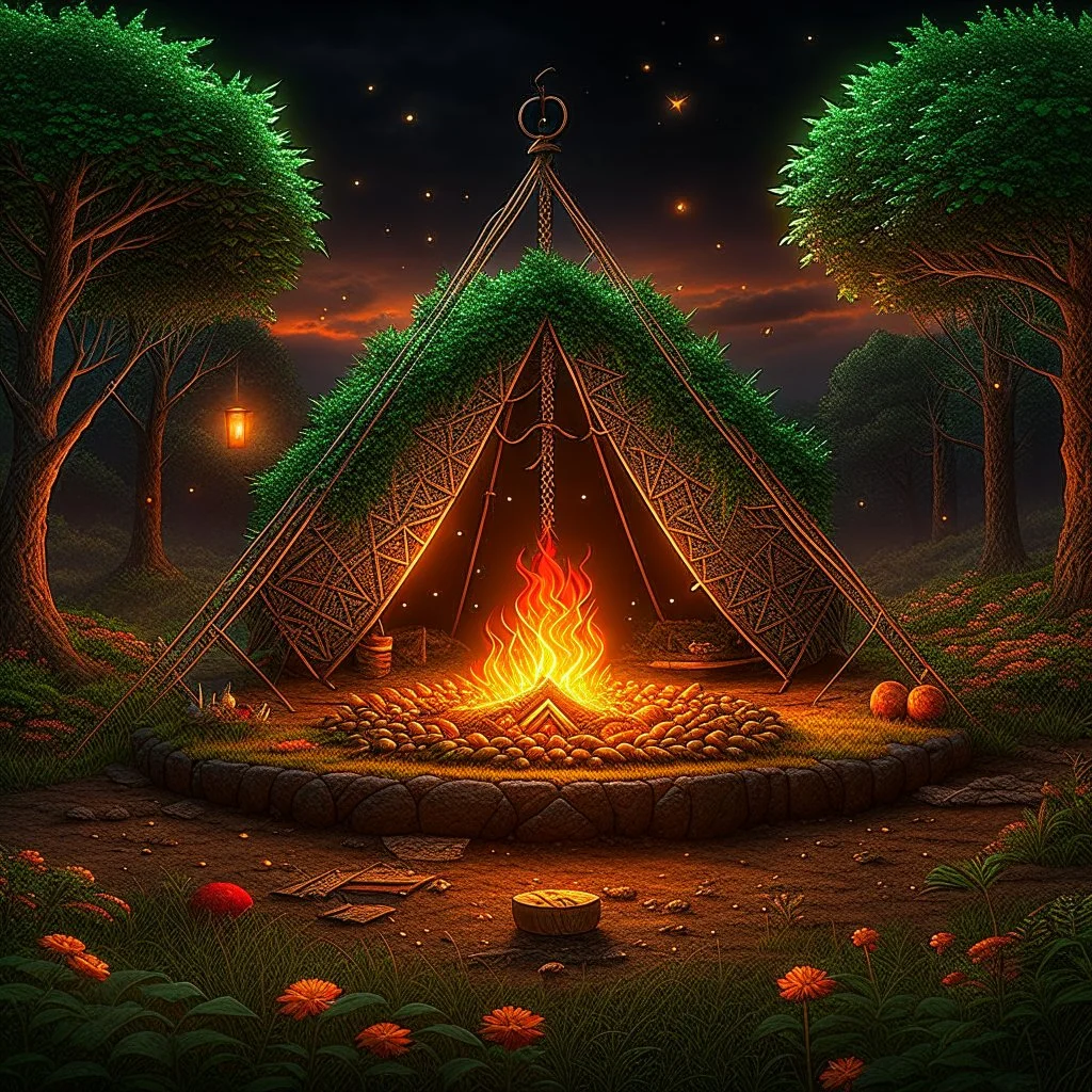 Camp fire, Rainy Night, highly detailed with lush forests, green leafs, flowers, pagan temple with runes, high resolution, 24k, ornate, intricate, complex, digital painting, smooth