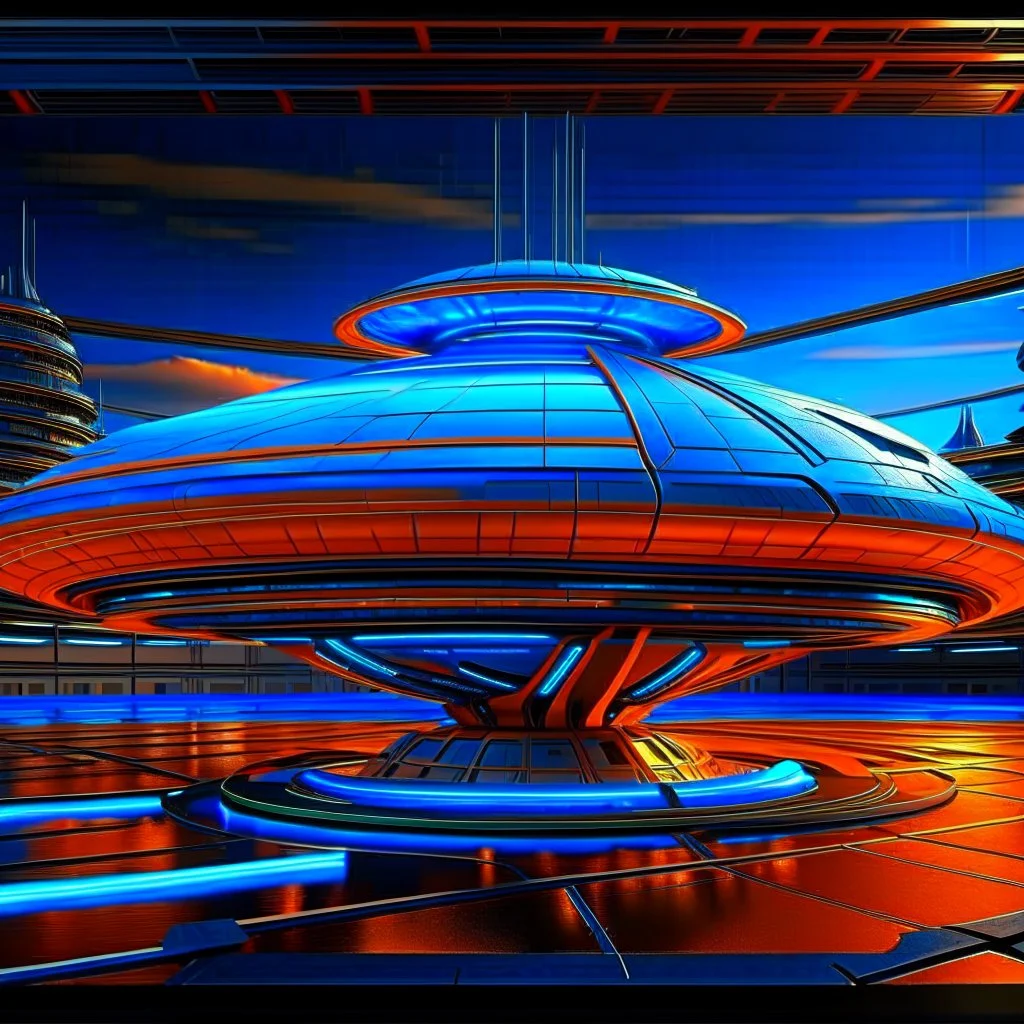 award winning car and driver digital 64k photorealistic image of a futuristic UFO station wagon designed by an unknown alien civilization, only one vehicle per image painted metallic orange traveling at a high rate of speed,the rear with bright blue flame, bilaterally symetrical