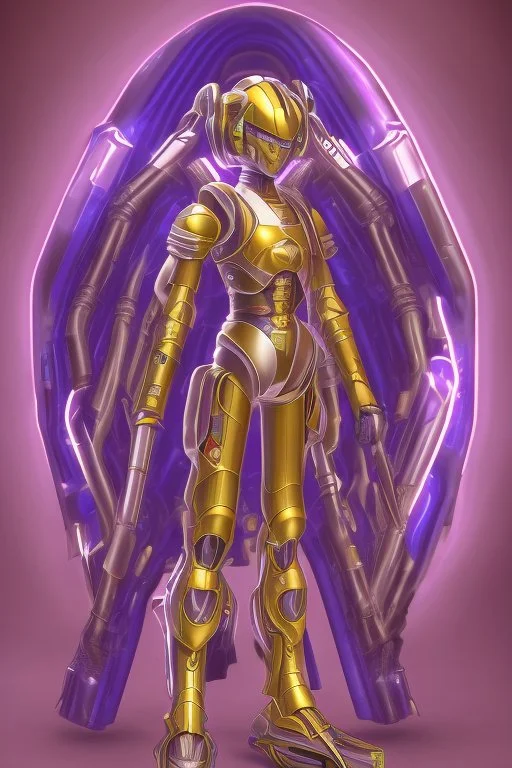 A Genderless Cyborg made of metal, has a human like face with a long violet ponytail, the cybord is wearing armor similar to Megaman Omega. The color palatte of the armour is deep purple and yellow.