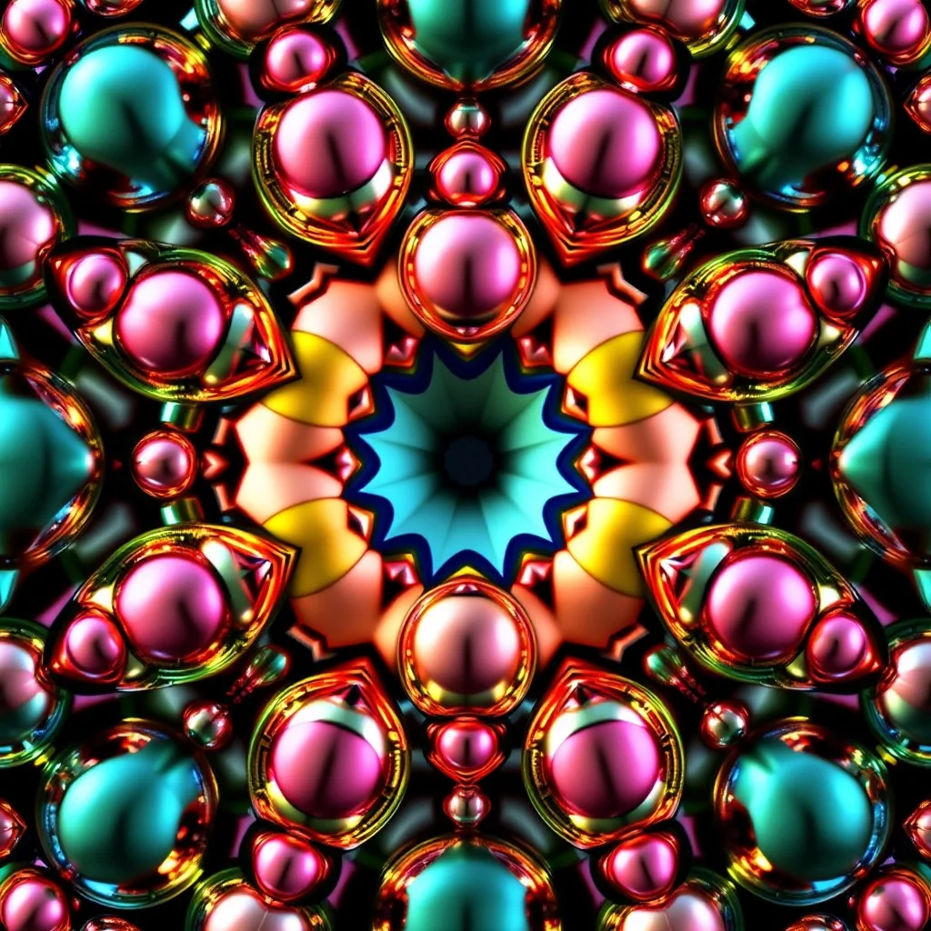 3d Kaleidoscope recursive made of a metallic random color pearl spheres,hexagon diamonds, turning many times likr Spirograph drawing Kaleidoscope Ruler Set creation