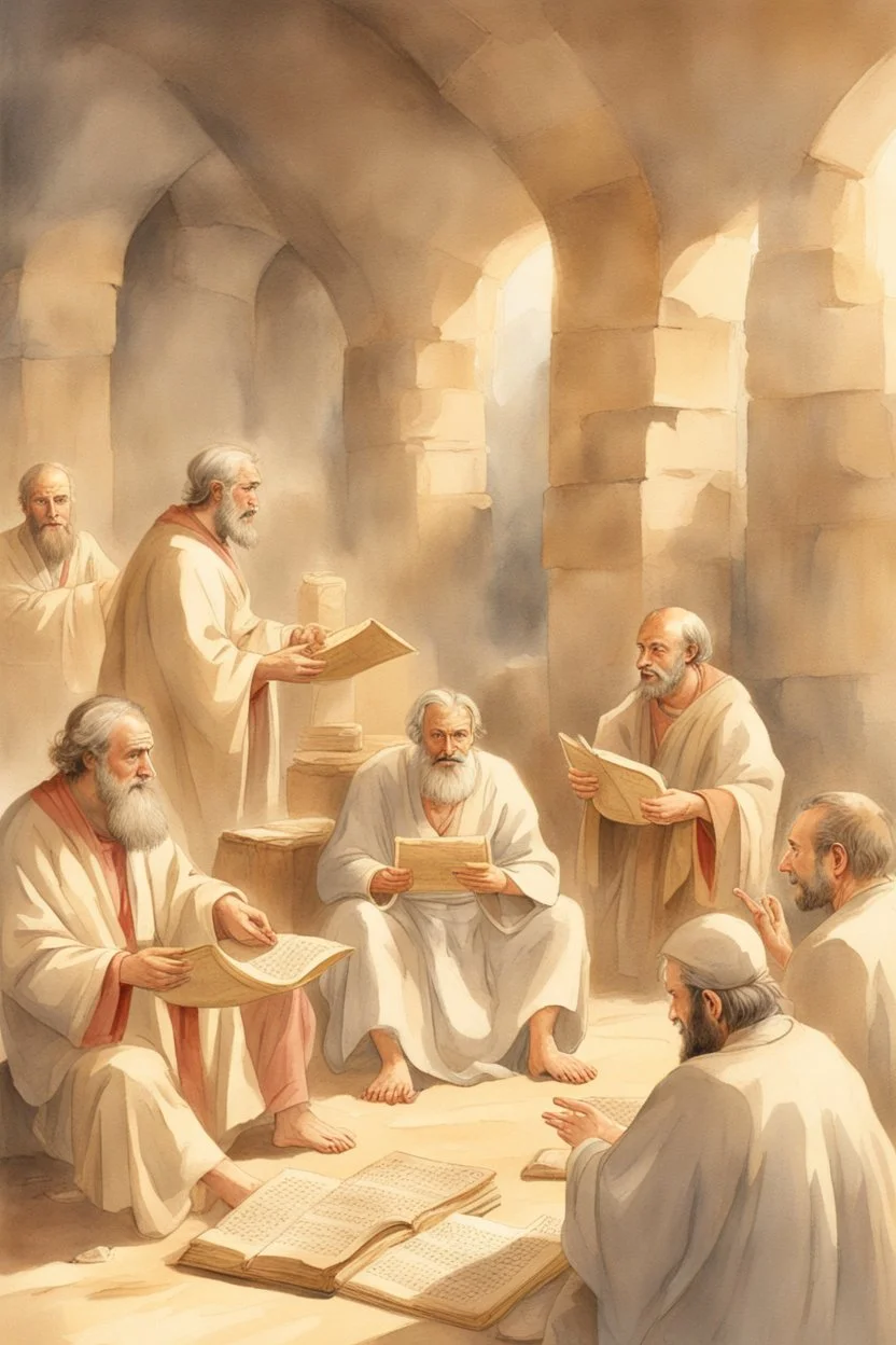 Several Christian priests of the 1st century AD are sitting in a cave and actively arguing and gesticulating, each holding a scroll of Ancient Scripture, many ancient scrolls are lying on a wooden table in front of them, everything is written in watercolor in high resolution, in 8k.