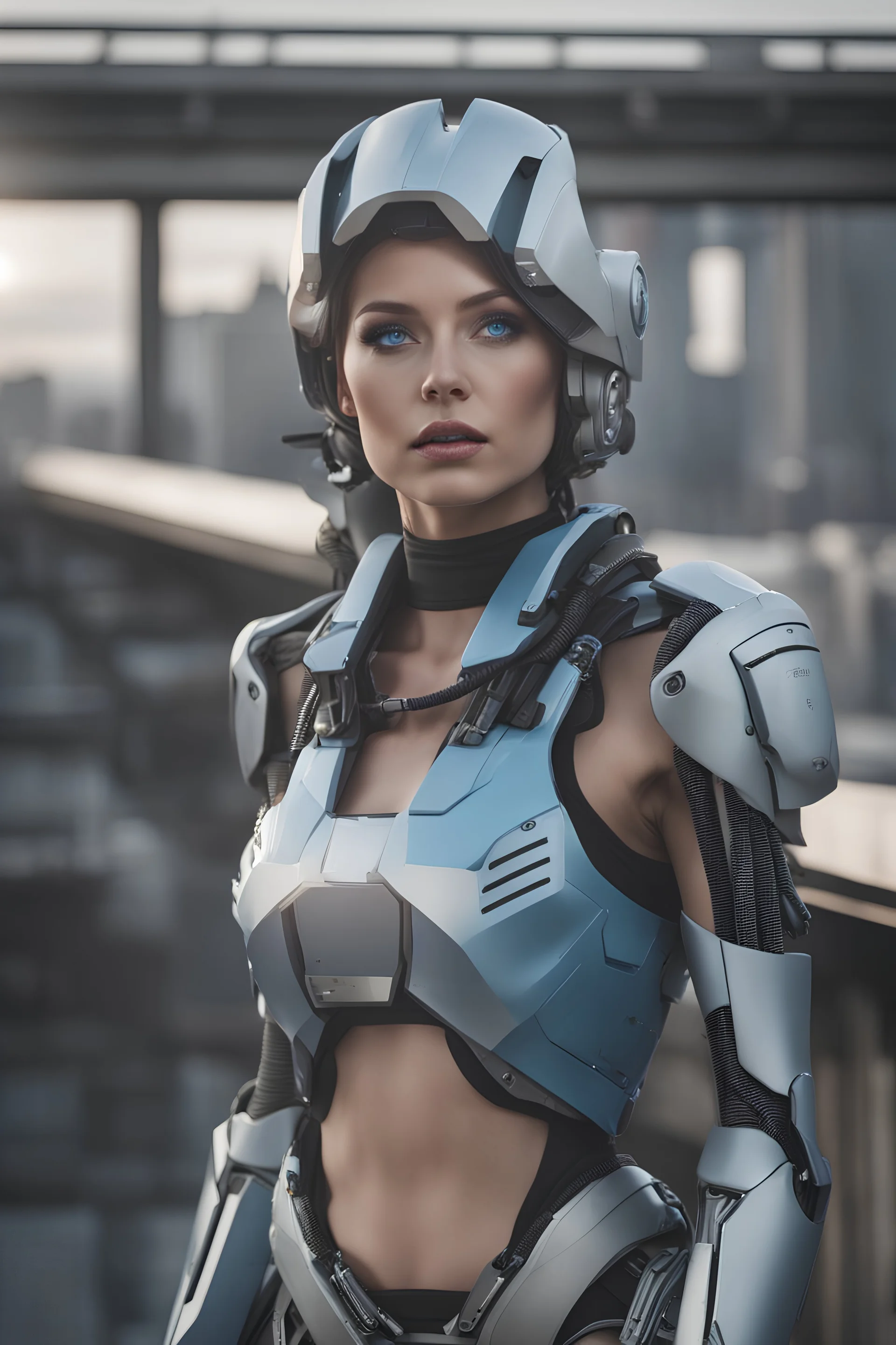 a raw photo of a fembot standing on a rooftop, natural lighting ,looking at the viewer, attractive, accessories, highly detailed, blue eyes, conceptual, science fiction--v6, close up, artstation, deviantart, pose, matte painting,