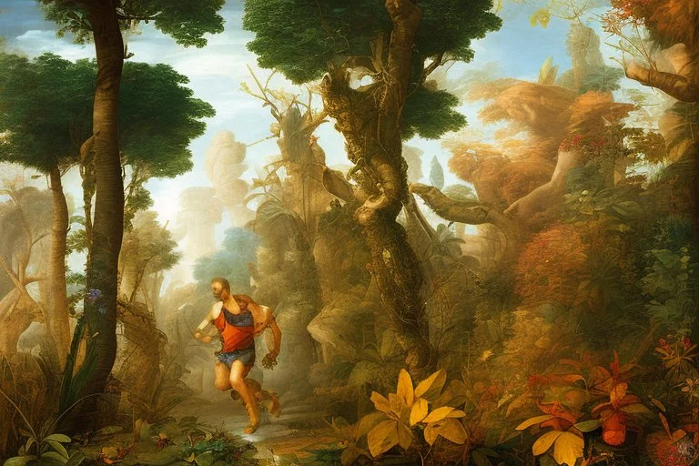 man running in colorful jungle by andrea del sarto