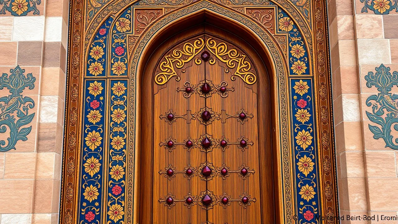 Middle Angle Of A Beautiful Intricately Crafted Door Of A Traditionally Designed Mosque, The Door Is Of Brown In Colors With Symmetrical Golden Floral Patterns And With Ruby Stones Symmetrically Placed On Both Sides, With Symmetrically Crafted Navy-Blue, Maroon And Floral Patterns Both Sides Of The Door With Overall Intricate Details Showing The Grandeur Of The Door.