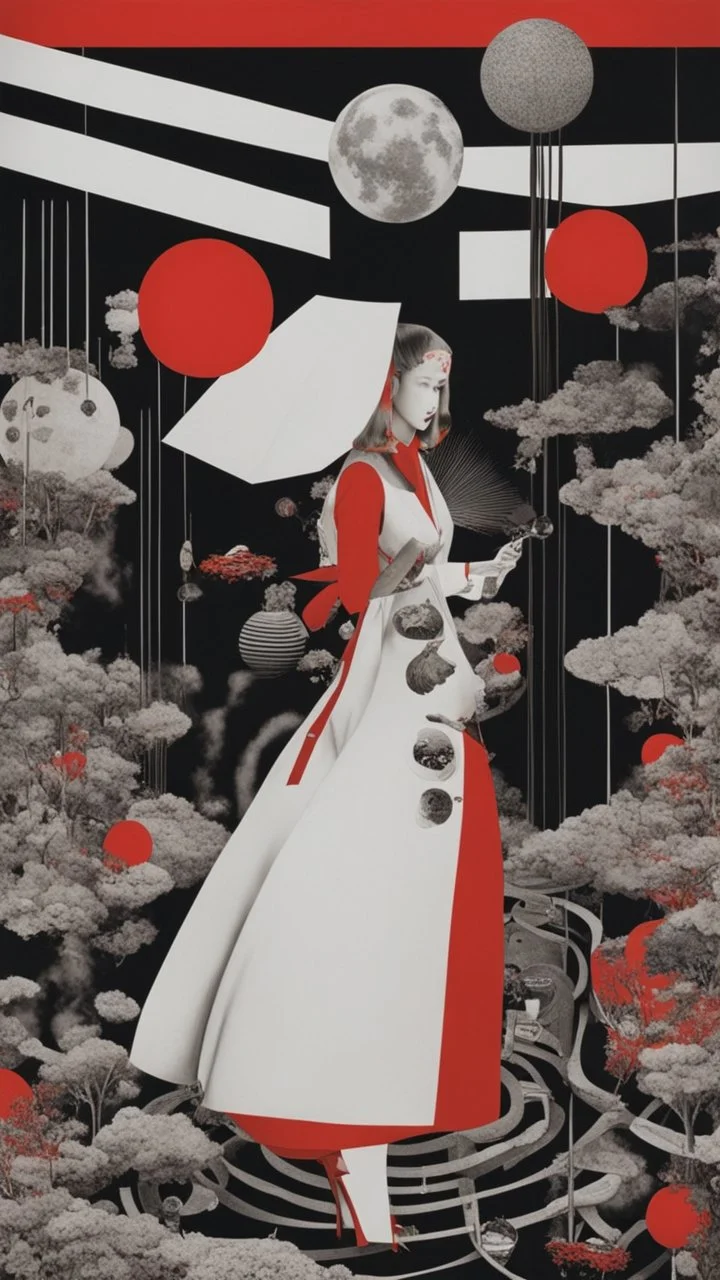 surreal collage art crafted from vintage Japanese magazines poster Novell , art composition by kusama, sci-fi elements , Alice's Wonderland, black and white and deep red