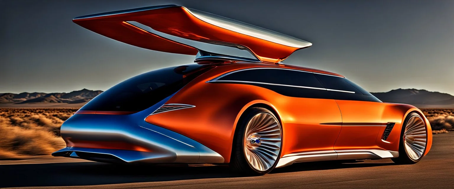 award winning car and driver photograph of a futuristic station wagon designed by only one vehicle per image painted metallic orange traveling at a high rate of speed, jet intake off of front center of vehicle and jet exhaust out the rear with bright blue flame, bilaterally symetrical, more a high speed road vehicle