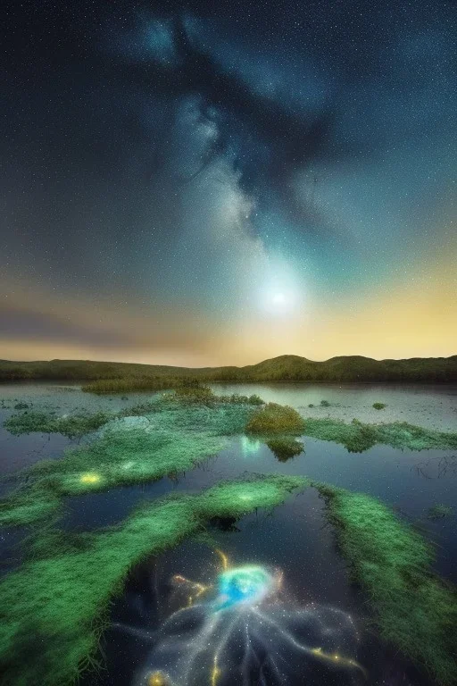 ciel etoilé, petit lac, NÉNUPHAR, mousse sur les rochers, vray, onde d'étoile au sol