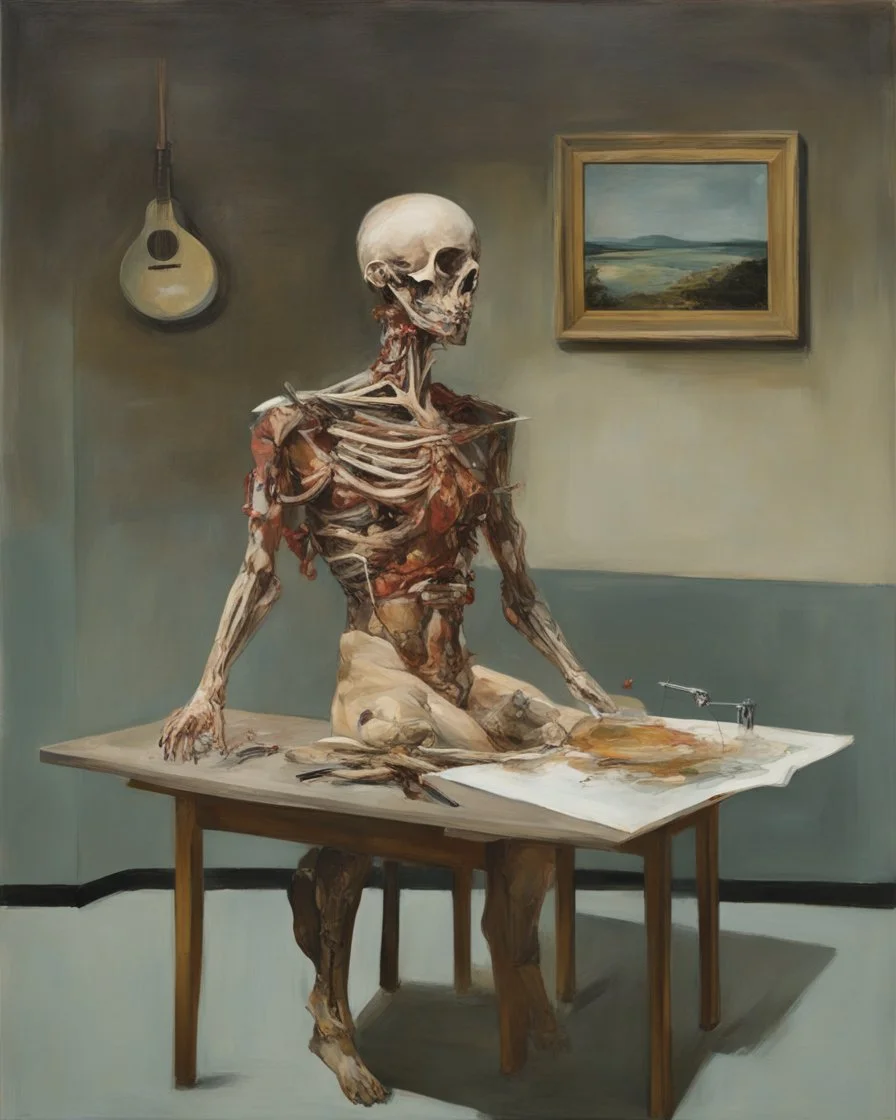 human body, universe-like table,complex surgical instruments mixed with human body-like musical instruments,minimalism,Painting By Adrian Ghenie, Rene Magritte, Salvador Dali, Lucian Freud