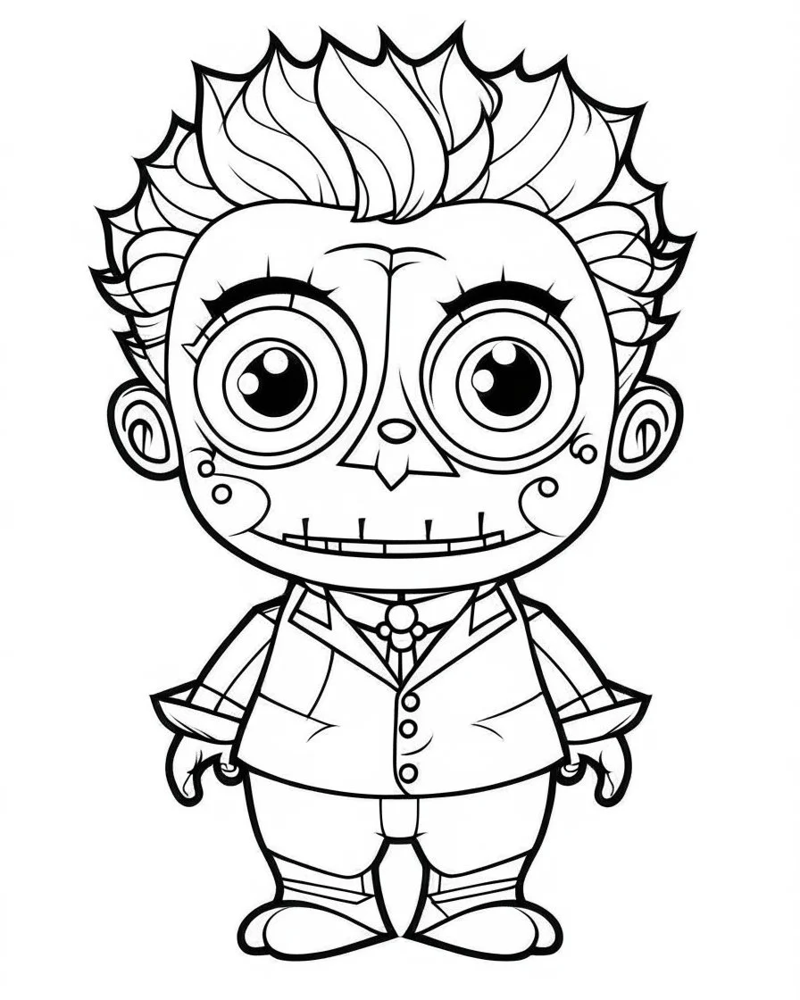 outline art for halloween coloring pages for kids with cartoon cute happy frenkeinstein , white background, Sketch style, full body, only use outline, clean line art, white background, no shadows and clear and well outlined, coloring page for kids, kawaii style