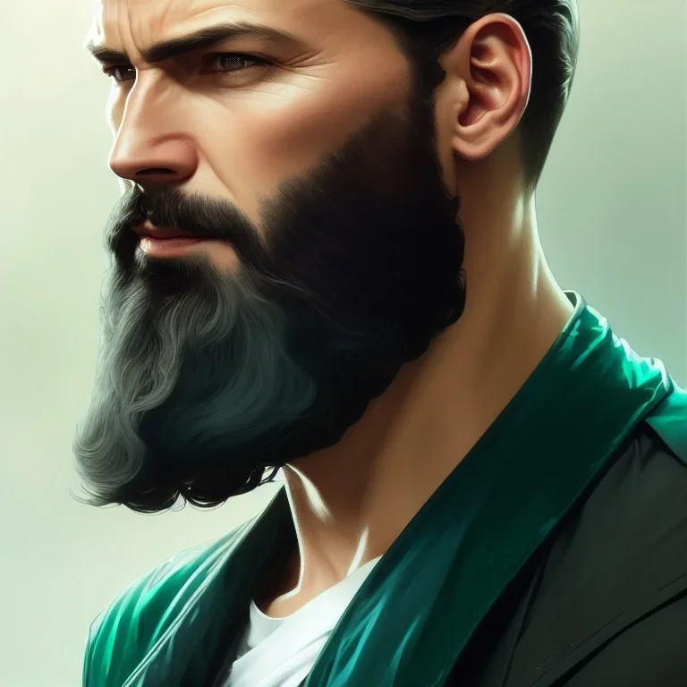 "MIddle aged white human male, with a trimmed but uneven beard, piercing green eyes with slick back hair,complete head and shoulders portrait, 8k resolution concept art portrait by Greg Rutkowski, Artgerm, WLOP, Alphonse Mucha dynamic lighting hyperdetailed intricately detailed Splash art trending on Artstation triadic colors Unreal Engine 5 volumetric lighting Splash art fantasy"