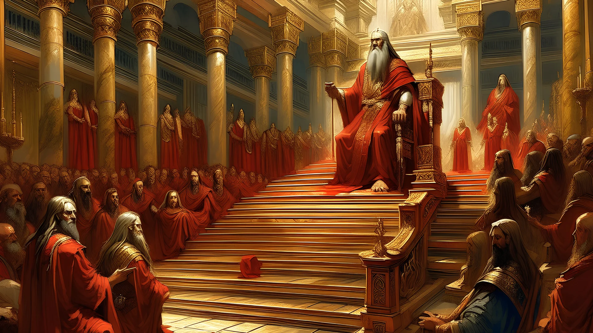 In a huge royal hall, at the top of a gigantic staircase, a mighty long-haired king sits on a throne, in his hand a long rod with radiance emanates. Above his head is the inscription TREND. Just below sit mighty men in beautiful clothes and above them is the inscription LEVELS. Even lower down the stairs there are people sitting, some of them in red clothes and other people in green, on these people there is an inscription CANDLES. Cinematic lighting, epic composition,