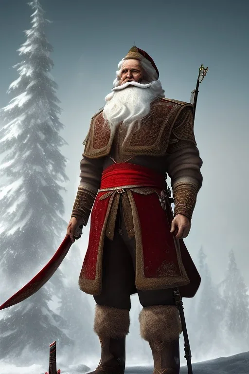 Santa Cruz with long Beard in red assassin Creed clothes, standing on roof, high details, cool 1800 city background,