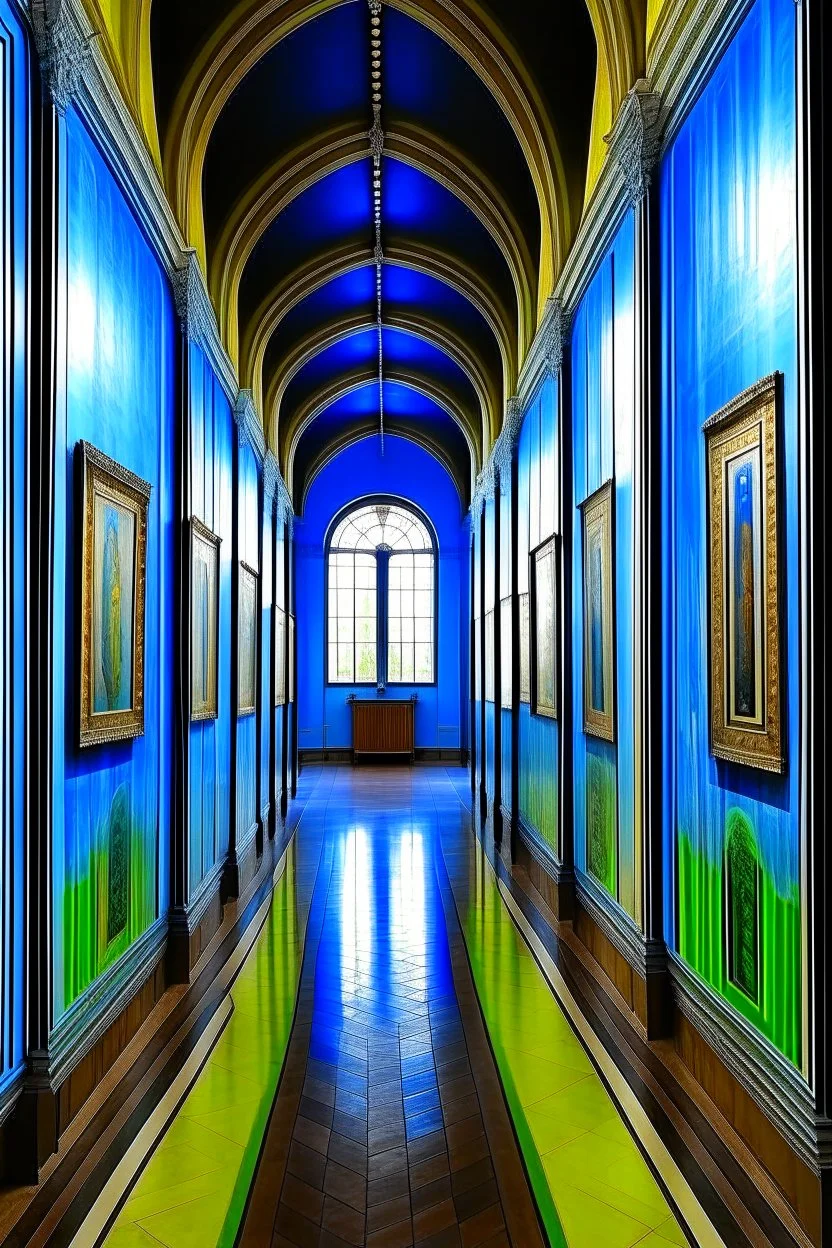 An exhibition of paintings whose walls are in the shape of an oval and made of blue glass and its floor is light with a wall in the middle of the hall to divide it into two parts with a corridor at the beginning and end of the wall and the paintings displayed are old and historical