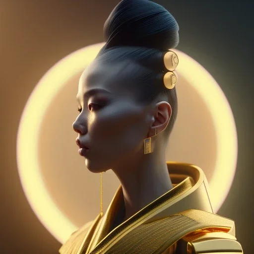 Woman, black hair, white skin, geisha, velvet dress, gold texture, cyberpunk, neon, highly detailed, art stations, concept art, smooth, unreal engine 5, god rays, ray tracing, RTX, lumen lighting, ultra detail, volumetric lighting, 3d, finely drawn, high definition, high resolution, gradient background