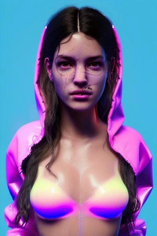 Ultra Realistic image, Rosalía artist, portrait, normal complexion, waist up portrait, long black eye line, sweet face, inflatable hoodie, gold pink and blue style, spray glow make up, led rings piercing, led geometric ornament, fog, hot, inflatable style latex coat, vibrant color, highly detailed, art stations, concept art, smooth, unreal engine 5, god rays, ray tracing, RTX, lumen lighting, ultra detail, volumetric lighting, 3d, finely drawn, high definition, high resolution.