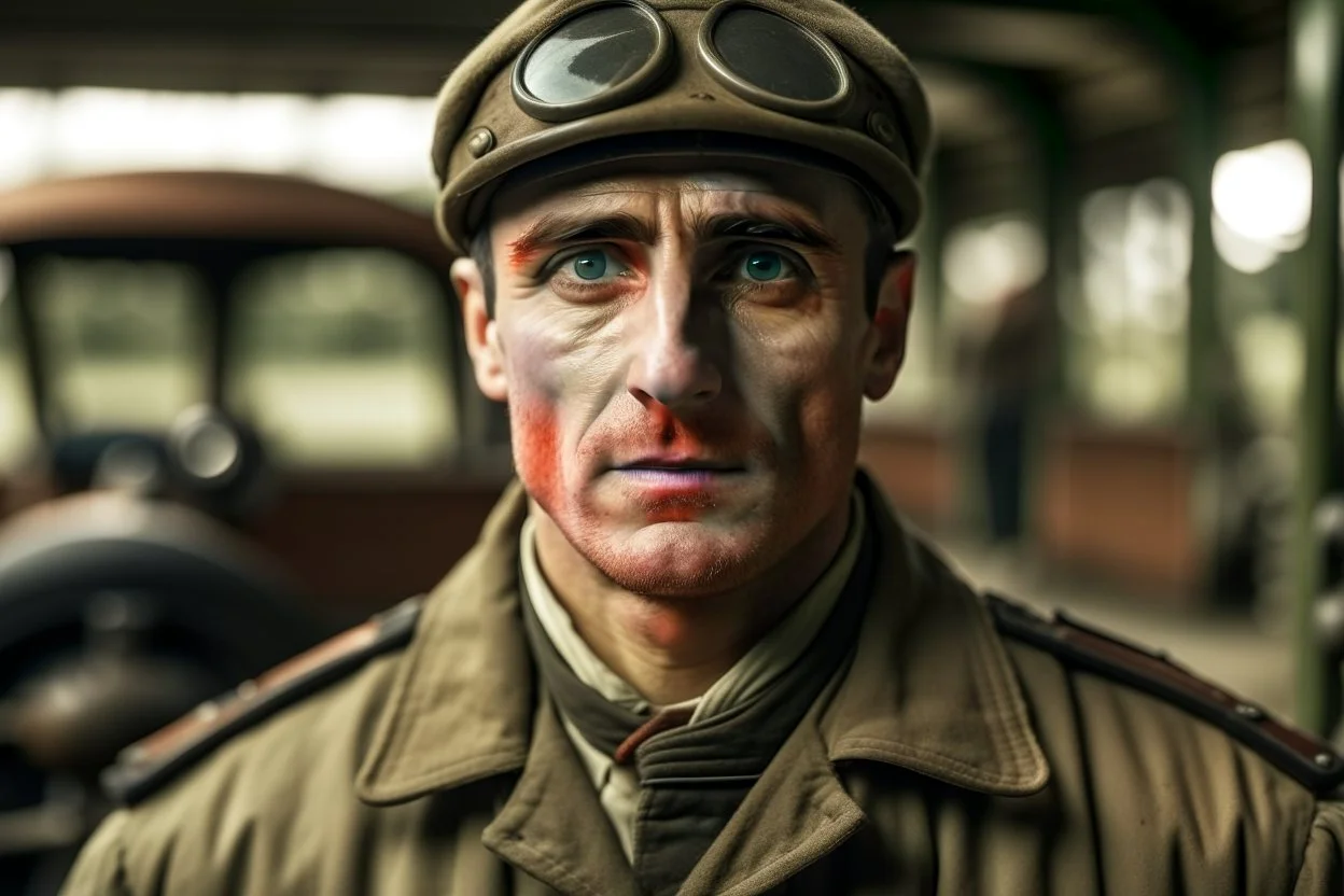 ww1 driver talking close-up standing up looking to the camera, ww1 garage background