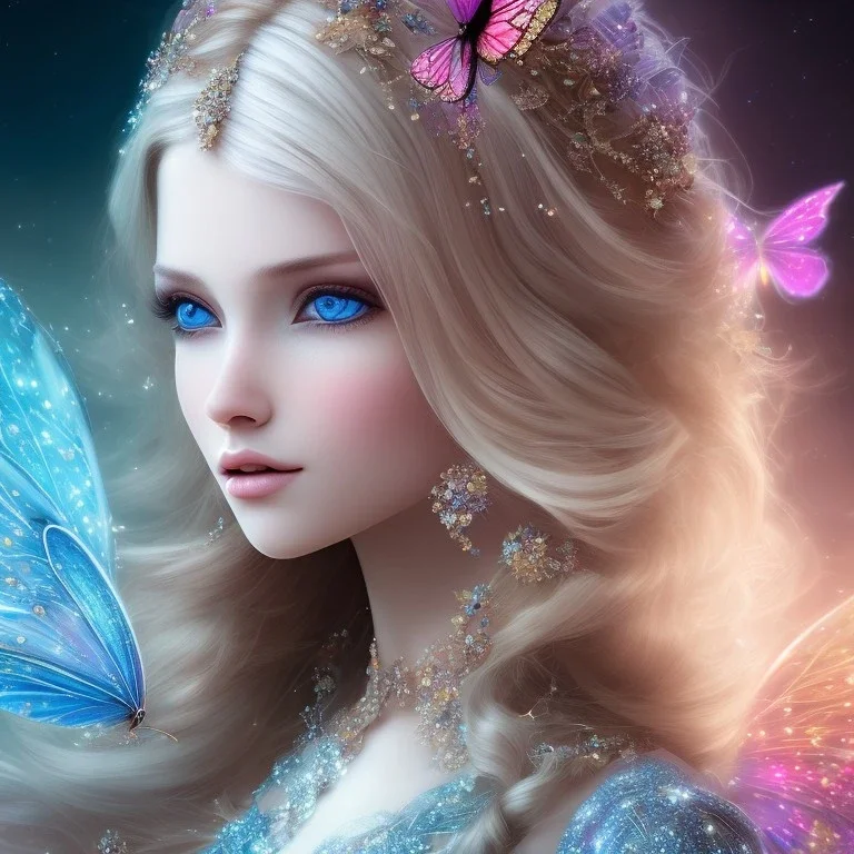 bright fairy, beautiful portrait, blond hair,blue eyes, flowery luminous pastel colors, butterfly