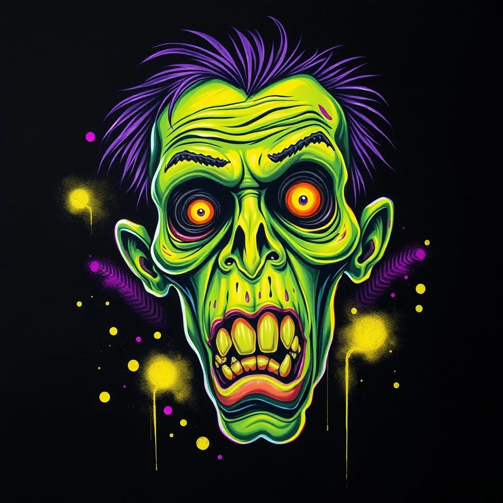 Airbrushed caricature of a horrific zombie, neon green and yellow with purple on black background