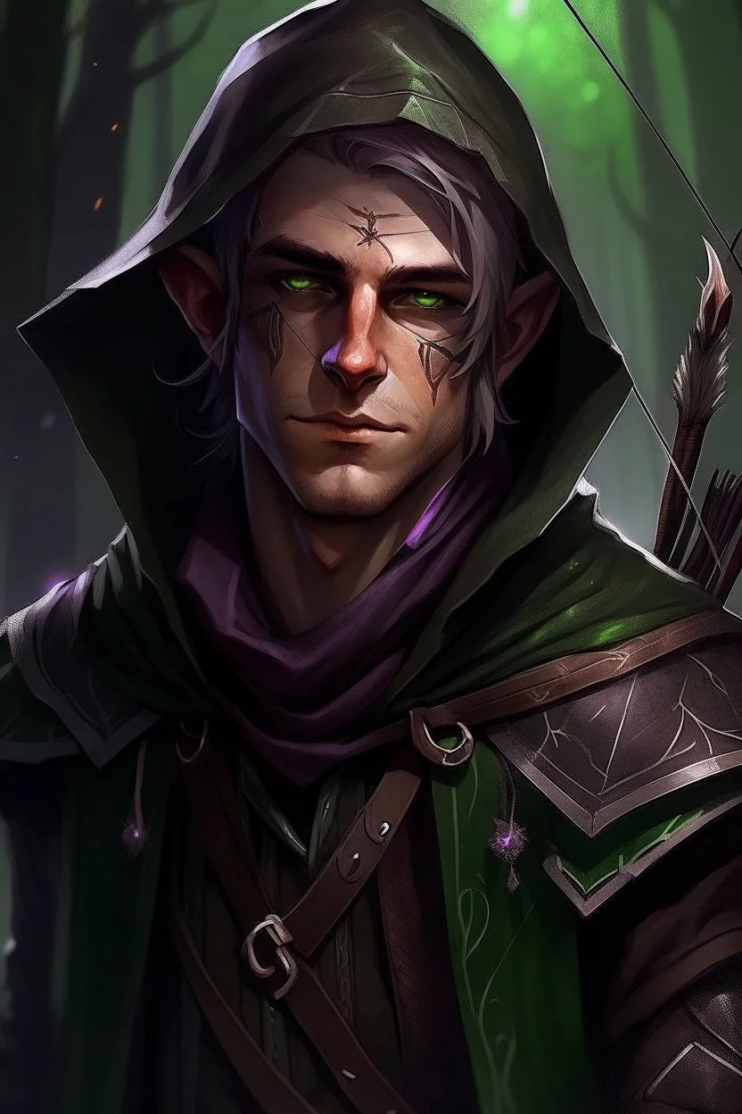 35 year old male dark rogue wood elf, thief assassin, messy Mauve hair, sparkling green eyes, glowing brown skin, black hood, black leather, messy, disheveled, trees, sneaky, bow and arrows, tall, skinny, friendly, stoner