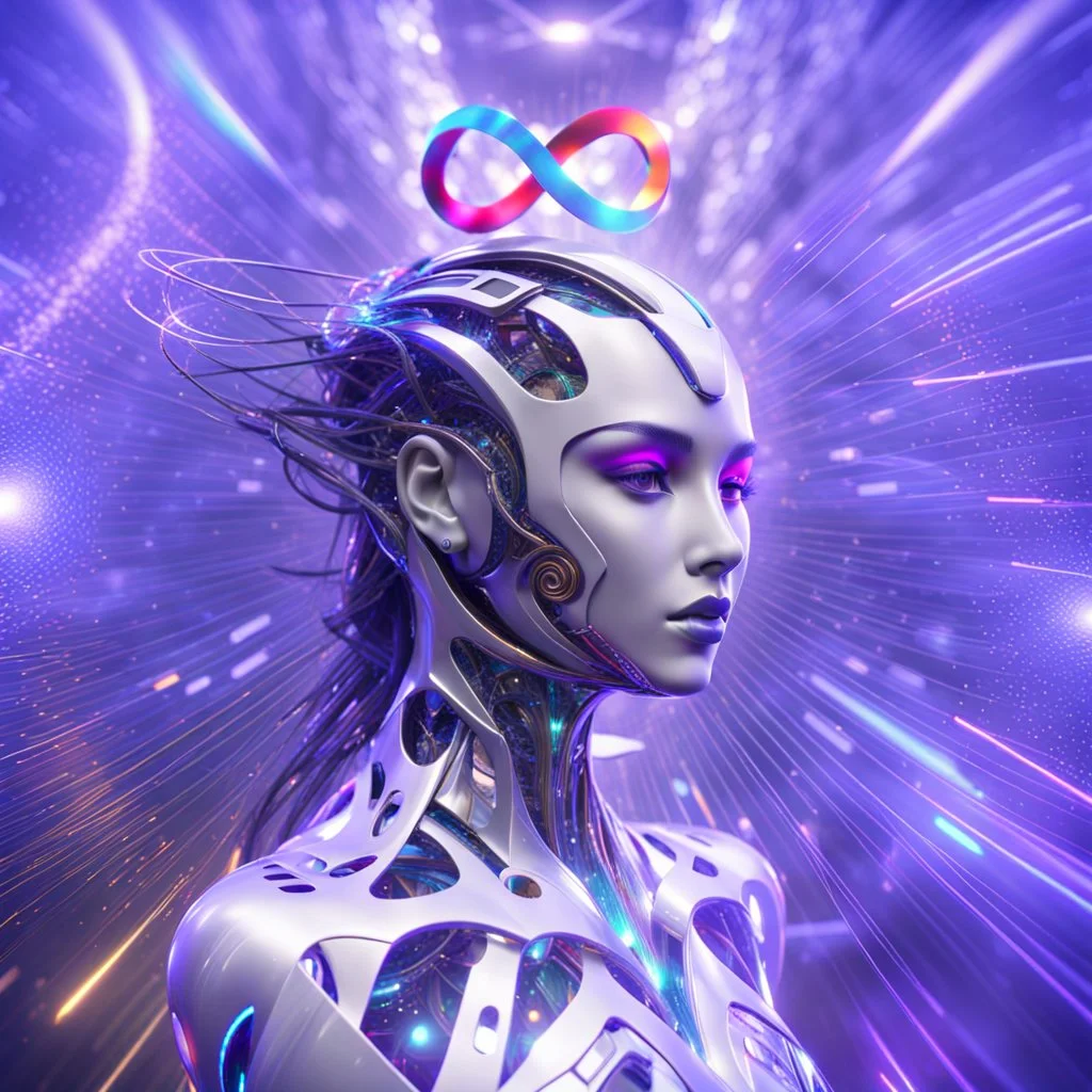 ∞ 3D infinity symbol, perfect infinity ∞, bright colors, +infinity totally-symmetrical ∞, head and upper body, cutting edge technology, exotic, inspiring, fantasy, scientific, DSLR with a 80mm lens, set to f/16 and a slow shutter speed of 1/15s, friendly, beautiful, octane render, 8k post-production, artstation: award-winning: atmospheric: commanding: fantastical: clarity: 16k: ultra quality: striking: brilliance: liquid medium: stunning colors: amazing depth; lens: f/8, 24mm