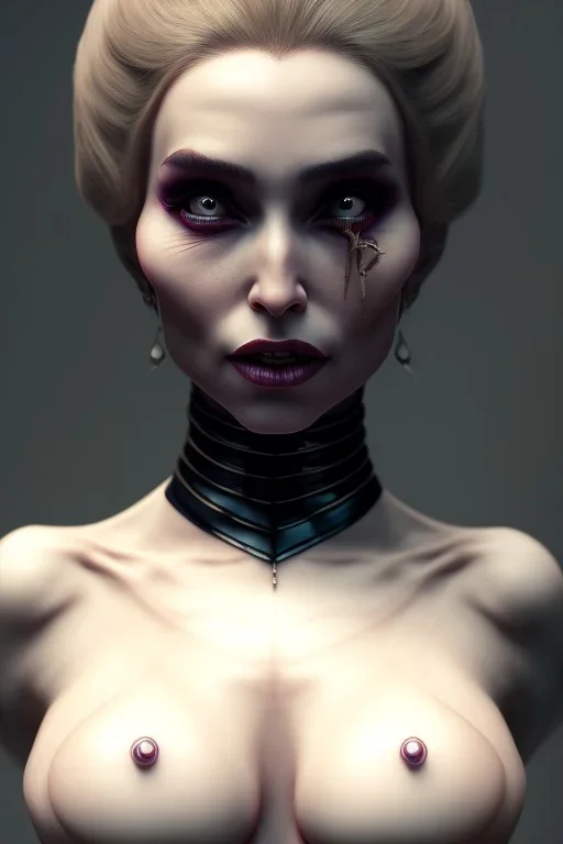 Constance Langdon as evil queen in black leather, leather, busty, cleavage, angry, stern look. character design by cory loftis, fenghua zhong, ryohei hase, ismail inceoglu and ruan jia. unreal engine 5, artistic lighting, highly detailed, photorealistic, fantasy