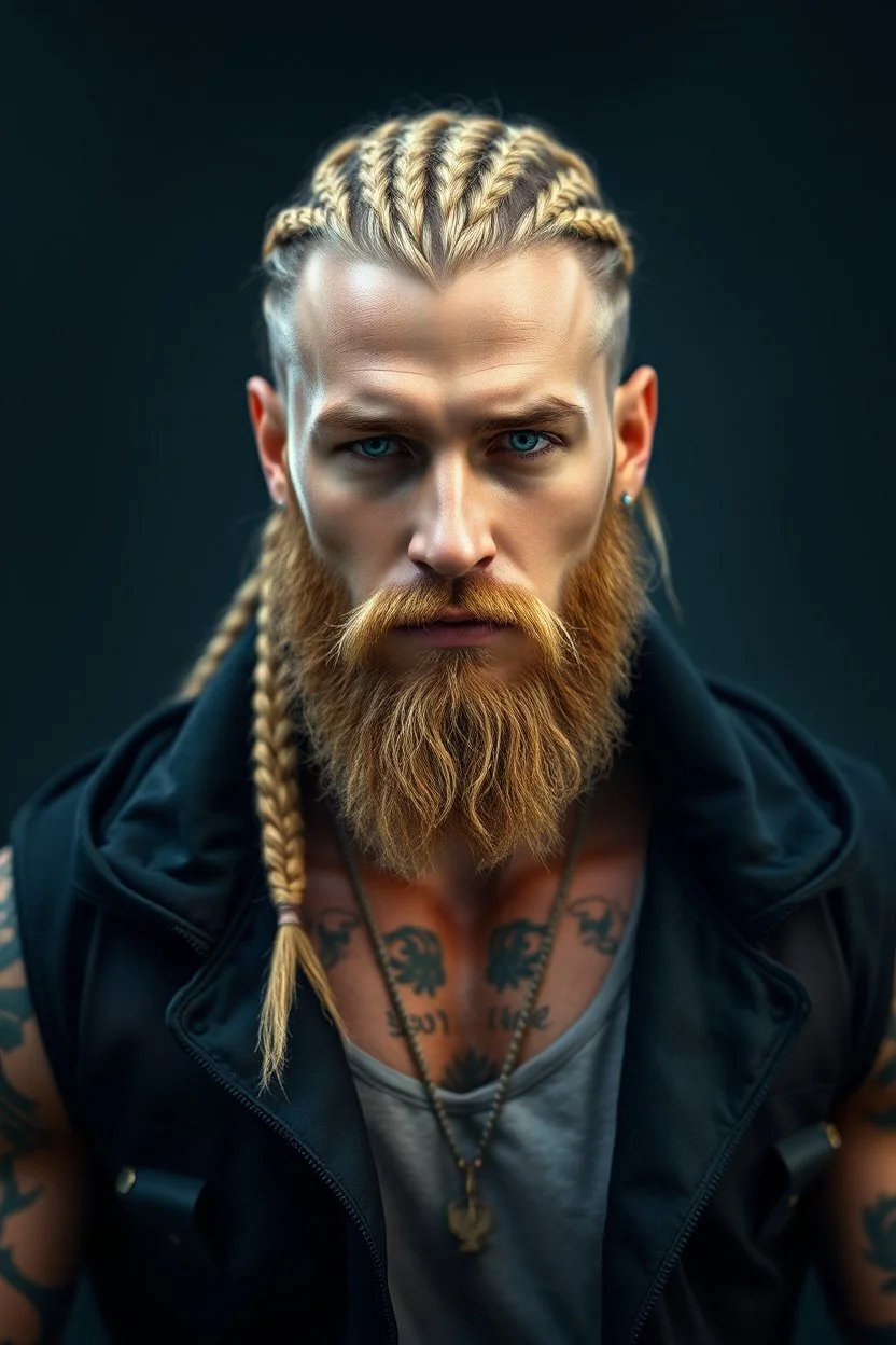 photorealistic, 4k, hyperdetailed portait of 28-year-old german muscular male, with long blonde braided and undercut hair, tribal and neatly trimmed beard, modern clothing, modern fantasy