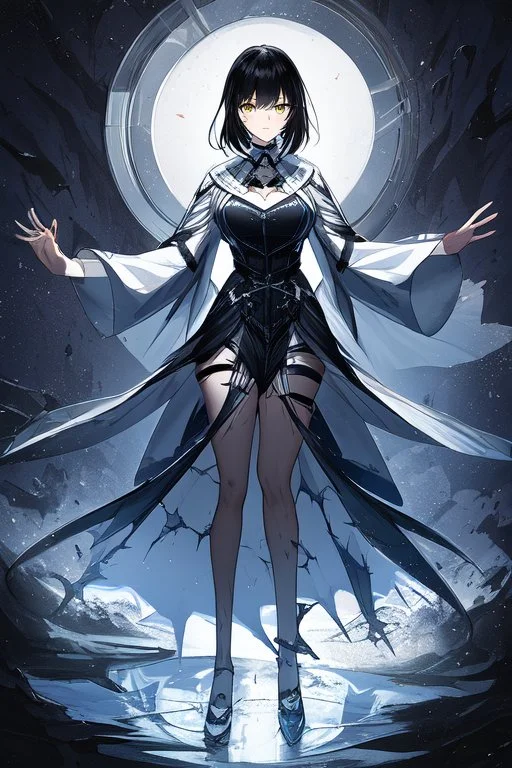 Anime girl with short black hair and sharp green eyes, holding a pike, full body black and white metal plate armour, full body shot, Dramatic lighting,1woman, soaked in blood, standing pose, close shot, lean body,