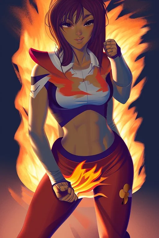 fighter girl with fire in her fist ready to fight tight sport shirt and leggins