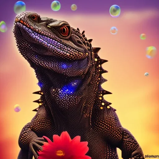 Black monitor lizard with a flower crown behind a sunset with bubbles