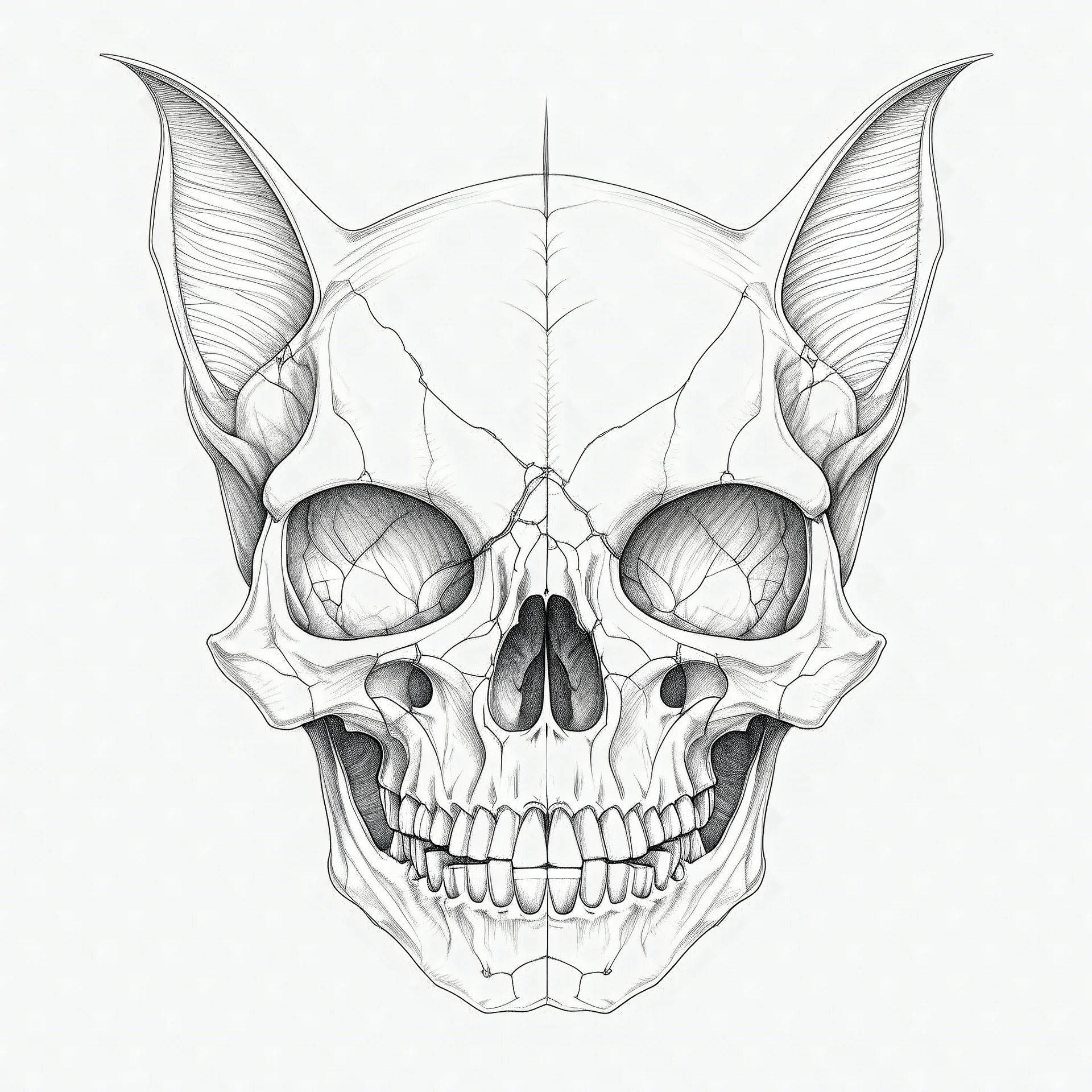 A pencil-drawn cat's head on a transparent background, but half of the head is his skull