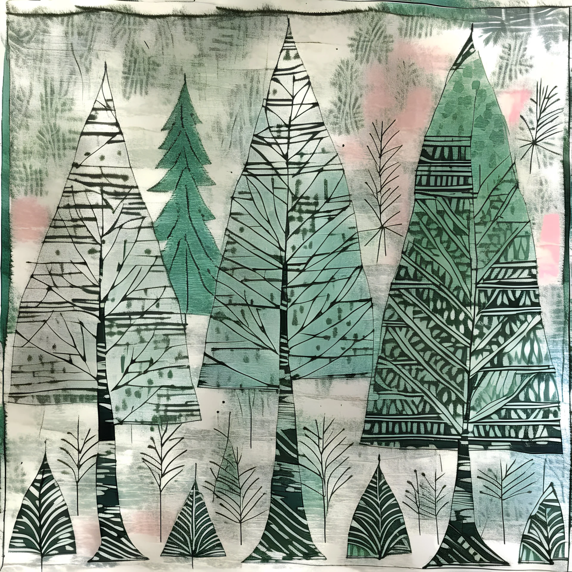 monoprint, a primitive Christmas trees, mixed media, woodblock print, linoprint, soft muted colors