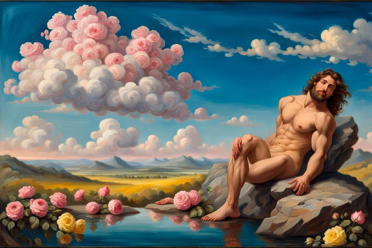 a handsome, muscular man with a well-groomed, bearded face and long, curly hair. He is sitting naked on a rock, surrounded by a picturesque valley adorned with pink and yellow rose flowers. The spring sky above is adorned with breathtakingly beautiful clouds. like oil painting 19th century