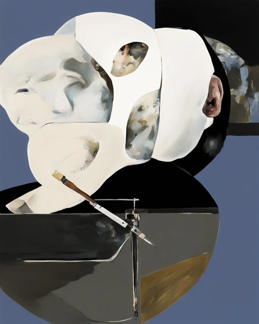 human body, universe-like light, complex surgical instruments mixed with a newborn boy,minimalism,Painting By Adrian Ghenie, Rene Magritte, Salvador Dali, Lucian Freud