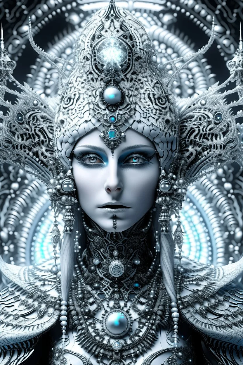 A beautiful alien with big eyes and small nose and mouth wearing a bioluminescense white zafír biomechanical silver metallic diadem headress, wearing biomechanical amalgamation style leather jacket dress ribbed with silver floral metallic filigree biomechanical vantablack pattern, organic bio spinal ribbed detail of gothic winter backround extremely detailed maximalist hyperrealistic portrait art